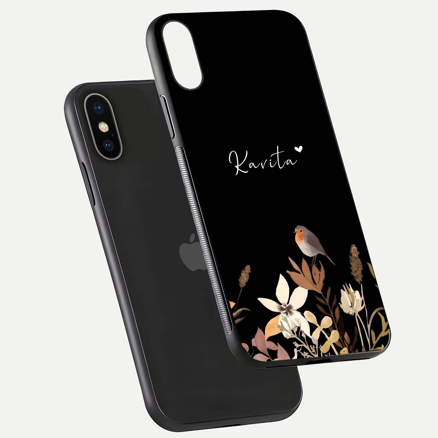 Quiet Garden Tune Custom Name Glass Case for iPhone X floating dual-view mockup showing gloss and elegant detail