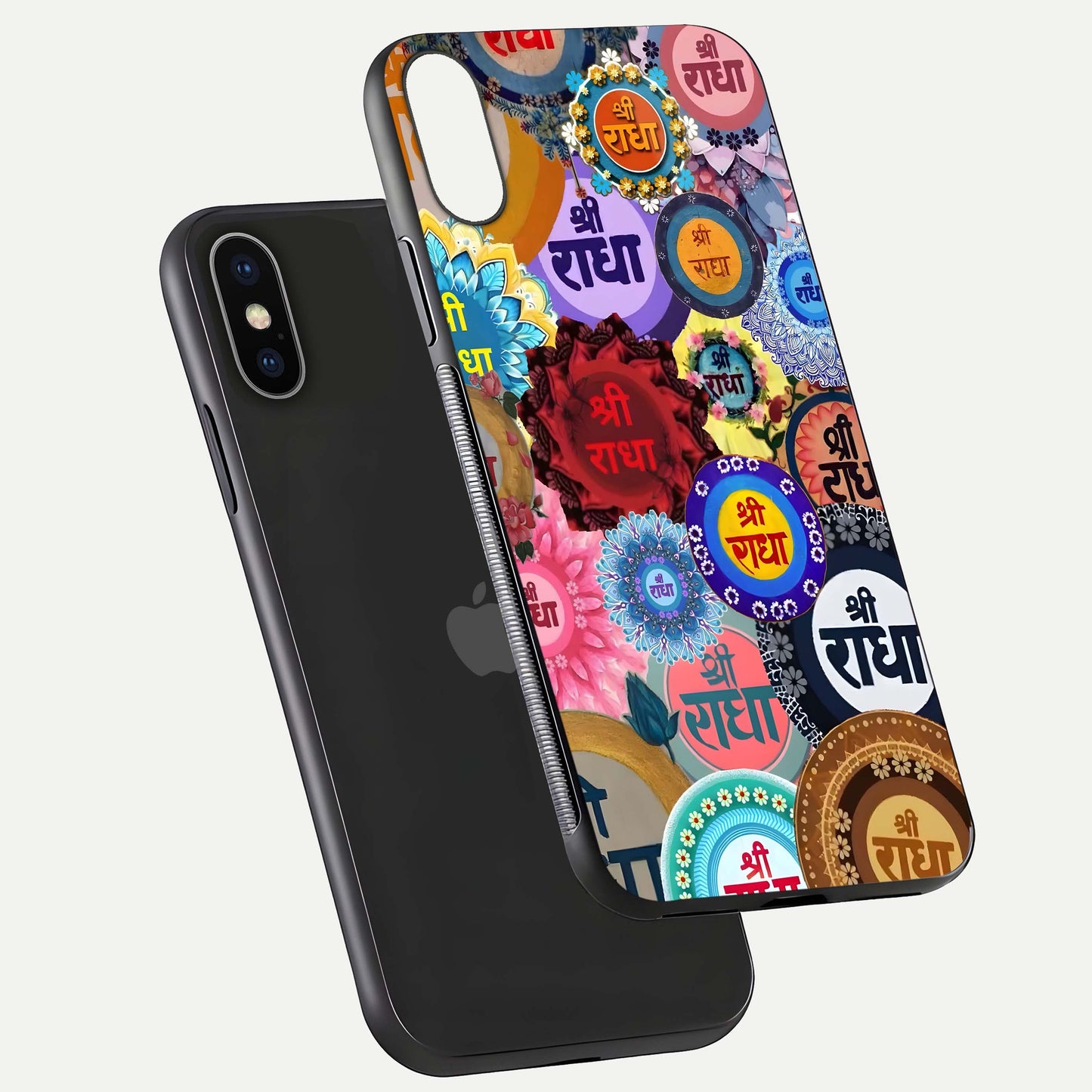 Radha Divine Bloom Glass Case for iPhone X floating dual-view mockup showing gloss depth and HD art