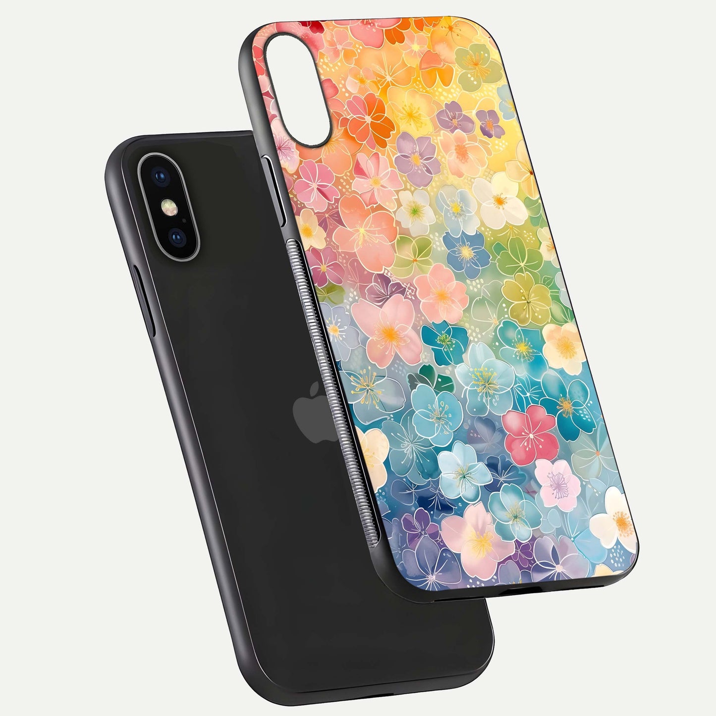 Rainbow Blossom Burst Glass Case for iPhone X floating dual-view mockup displaying gloss and gradient pattern