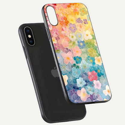 Rainbow Blossom Burst Glass Case for iPhone X floating dual-view mockup displaying gloss and gradient pattern