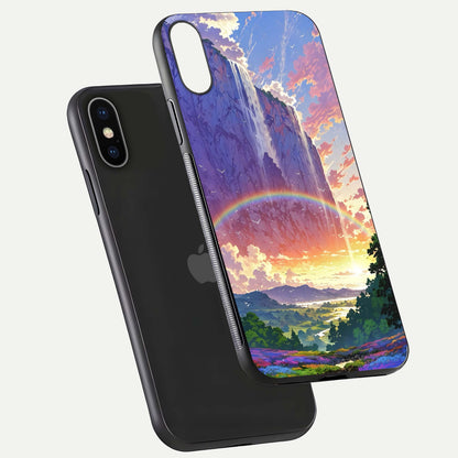 Rainbow Valley Dream Glass Case for iPhone 16 Pro floating dual-view mockup showing gloss texture and dream vibe