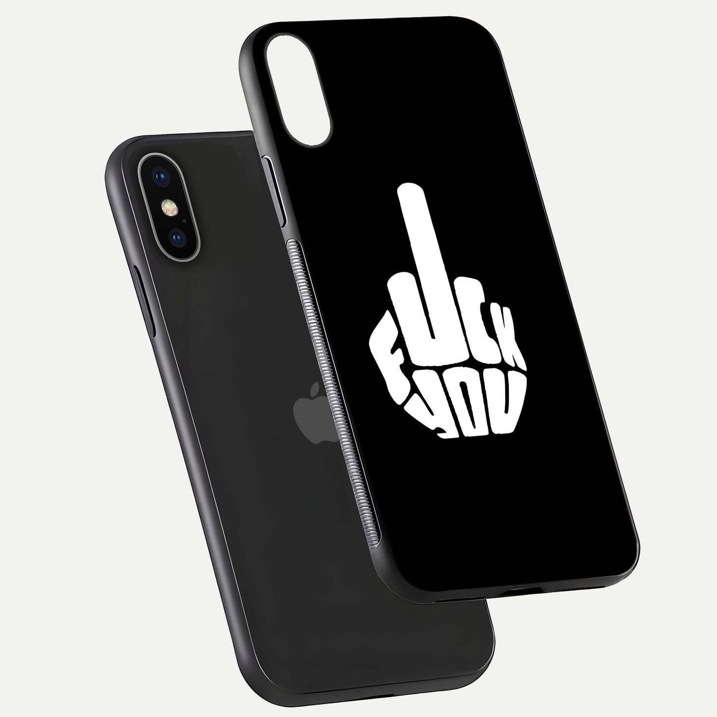 Rebel Mode On Glass Case for iPhone X floating dual-view mockup displaying gloss shine and statement art