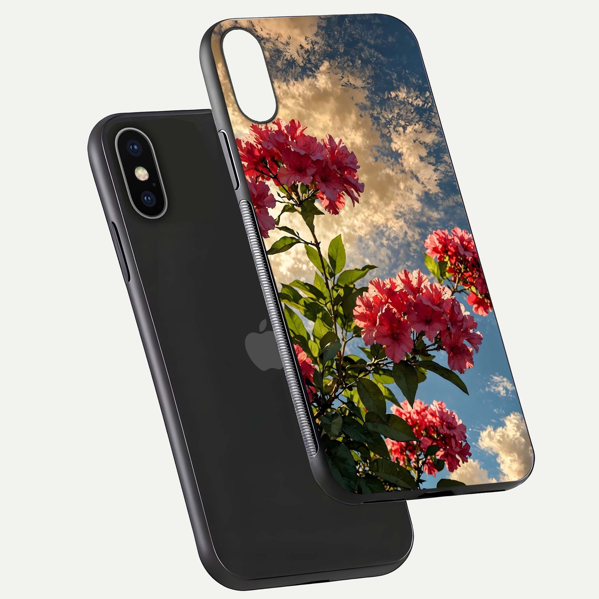 Red Bloom Skies Glass Case for iPhone X floating dual-view mockup showing glass gloss and floral pattern