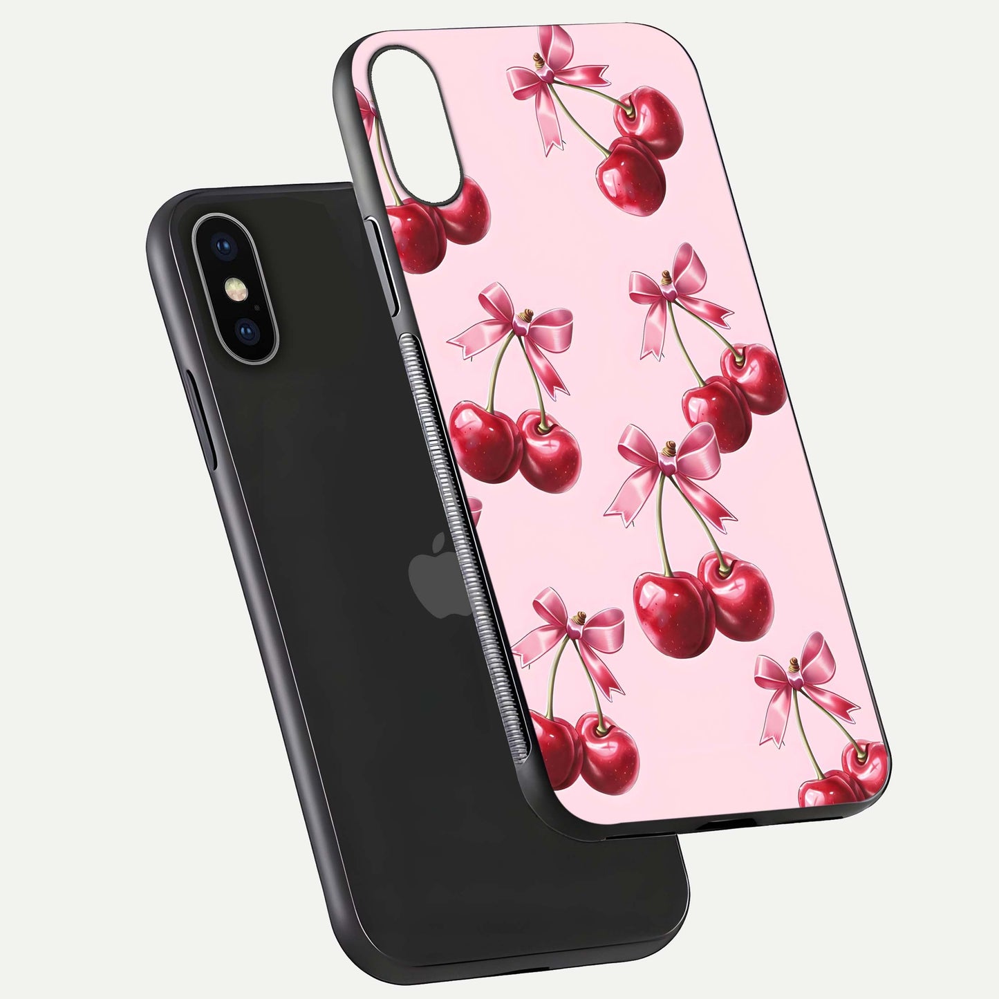 Red Cherries Pattern Glass Case for iPhone X floating dual-view mockup showing gloss and color contrast