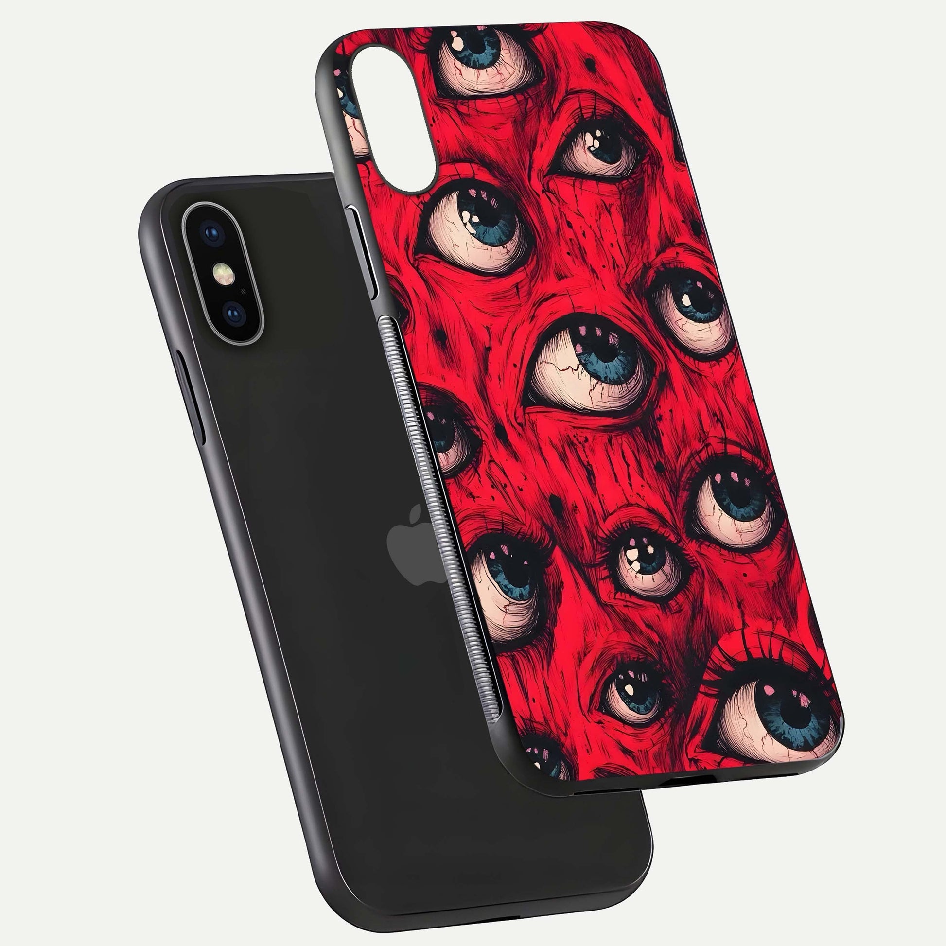 Red Eyes Pattern Glass Case for iPhone X floating dual-view mockup displaying reflection and gloss texture