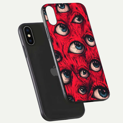Red Eyes Pattern Glass Case for iPhone X floating dual-view mockup displaying reflection and gloss texture