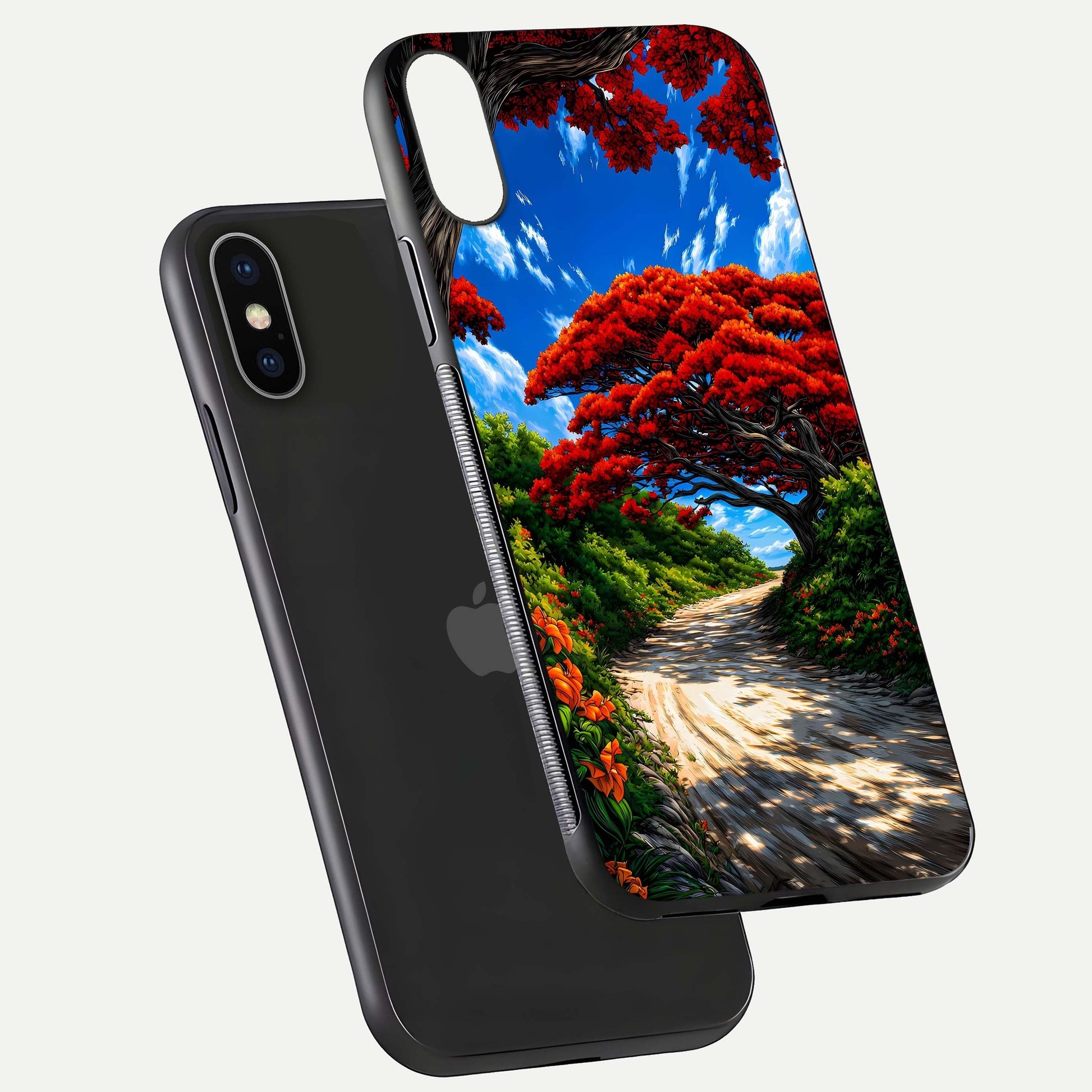 Red Trees Pathway Glass Case for iPhone X floating dual-view mockup displaying gloss texture and print depth