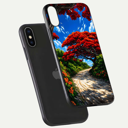 Red Trees Pathway Glass Case for iPhone X floating dual-view mockup displaying gloss texture and print depth