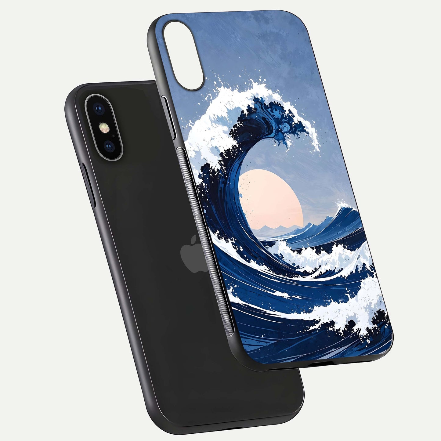Rising Tide Power Glass Case for iPhone X floating dual-view mockup displaying gloss texture and flow pattern