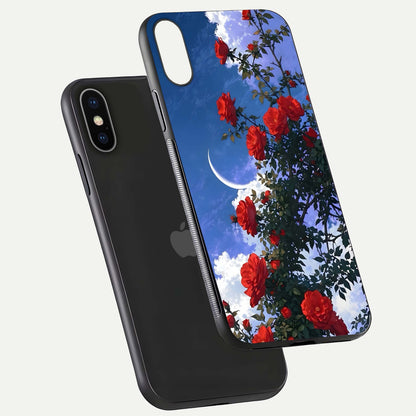 Rose Drift Flowers Glass Case for iPhone X floating dual-view mockup showing gloss shine and floral tone