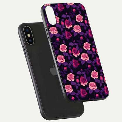 Rose Garden Twilight Glass Case for iPhone X floating dual-view mockup displaying gloss surface and depth