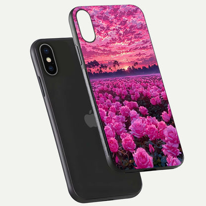 Rose Sunset Valley Glass Case for iPhone X floating dual-view mockup showing gloss reflection and art depth