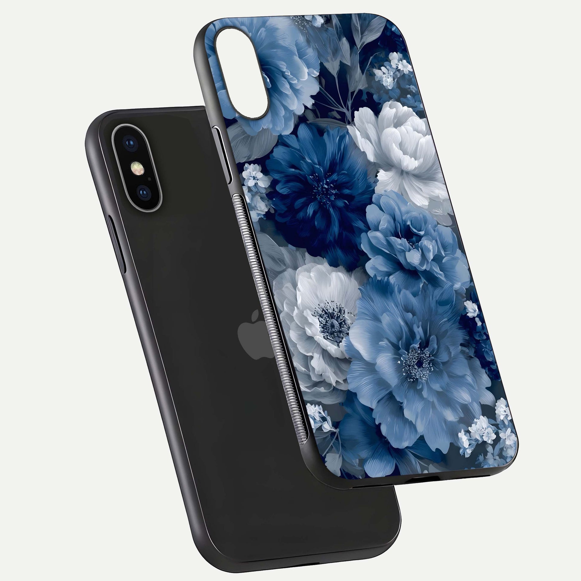 Royal Bloom Garden Glass Case for iPhone X floating dual-view mockup displaying gloss and print clarity