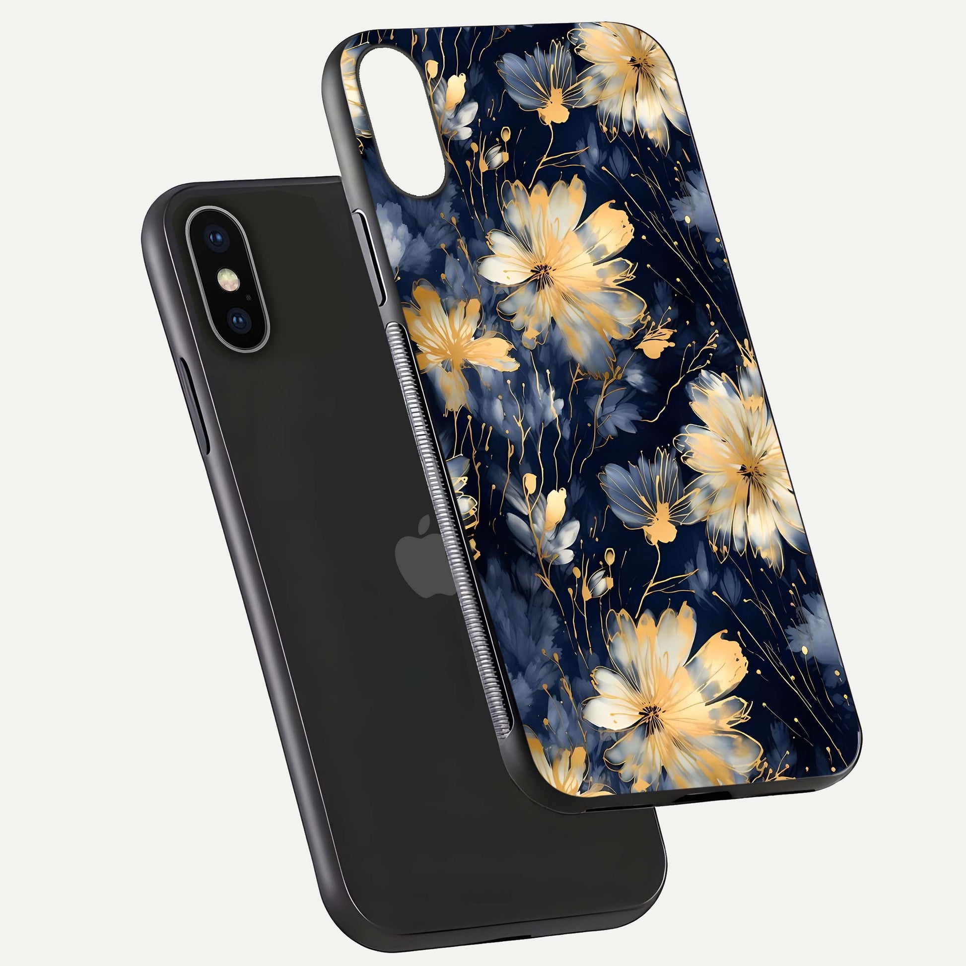 Royal Petal Dream Glass Case for iPhone X floating dual-view mockup displaying gloss reflection and tone contrast