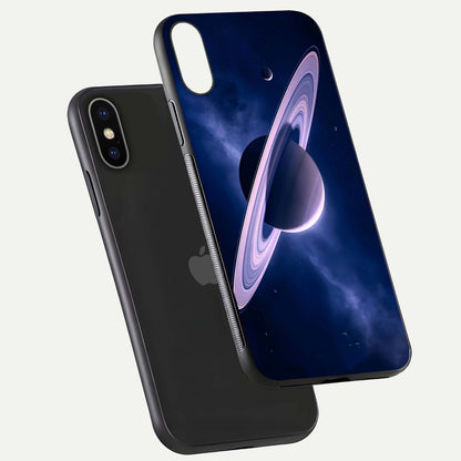 Saturn Ring Mystique Glass Case for iPhone X floating dual-view mockup showing gloss finish and star detail