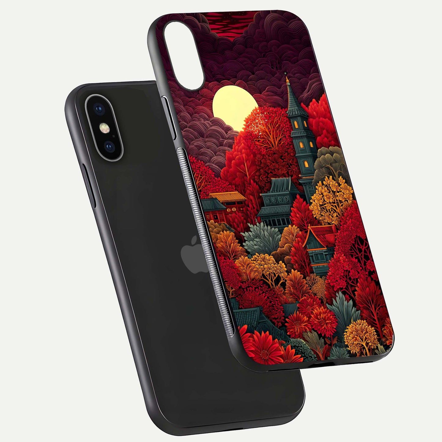 Scarlet Autumn Temple Glass Case for iPhone X floating dual-view mockup displaying gloss shine and autumn tones