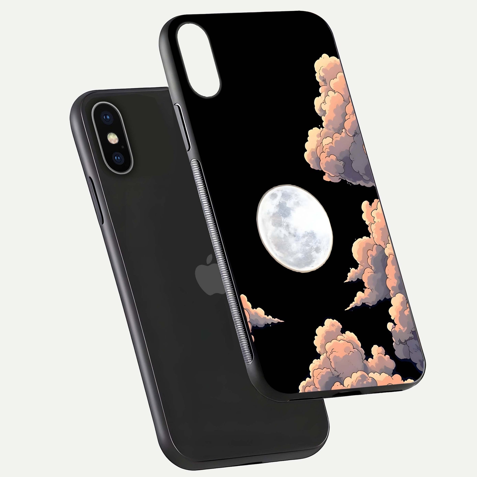 Shade Cloud Moon Glass Case for iPhone X floating dual-view mockup showing gloss and celestial texture