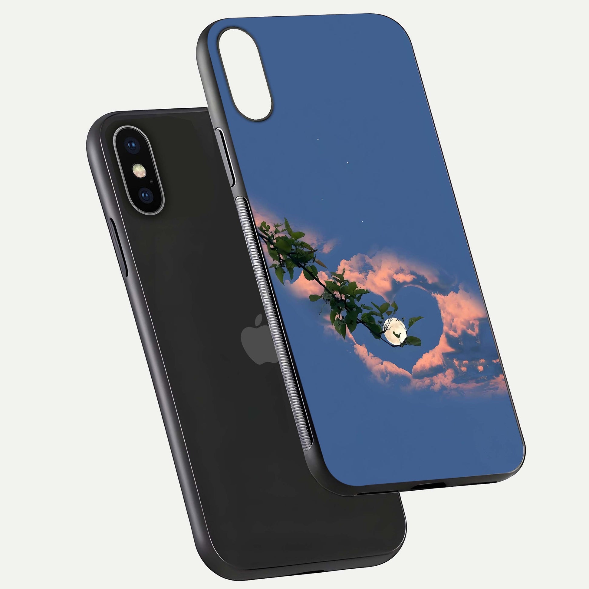Sky Under Tree Glass Case for iPhone X floating dual-view mockup displaying gloss reflection and landscape tone