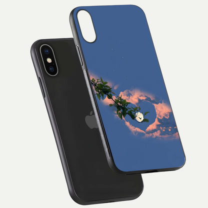 Sky Under Tree Glass Case for iPhone X floating dual-view mockup displaying gloss reflection and landscape tone