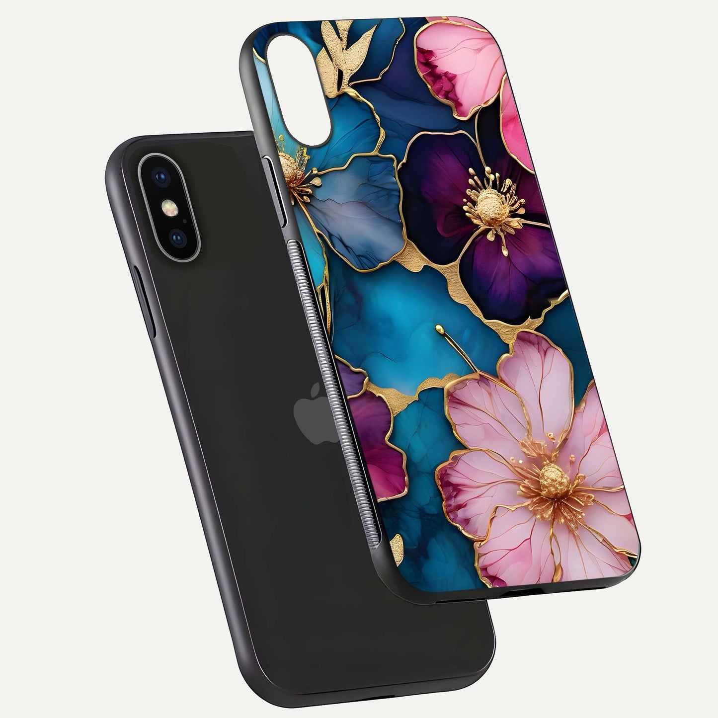 Sparkle Floral Glass Case for iPhone X floating dual-view mockup displaying gloss surface and sparkle effect