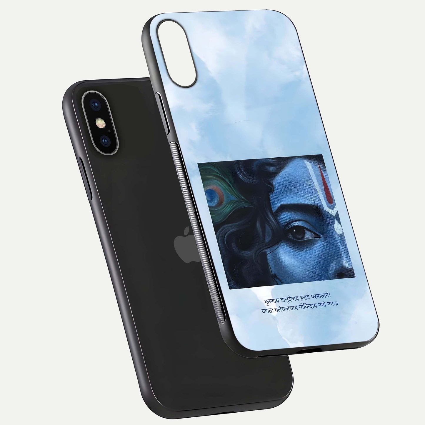 Spiritual Krishna Glass Case for iPhone 16 Pro floating dual-view mockup displaying gloss shine and divine detail
