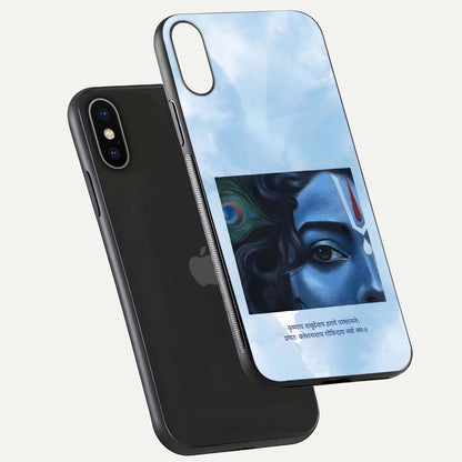 Spiritual Krishna Glass Case for iPhone 16 Pro floating dual-view mockup displaying gloss shine and divine detail