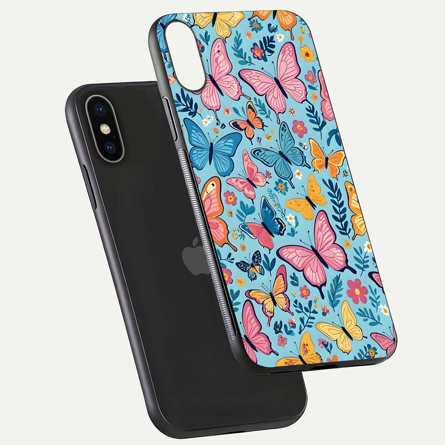 Spring Wing Garden Glass Case for iPhone X floating dual-view mockup showing gloss texture and vivid print