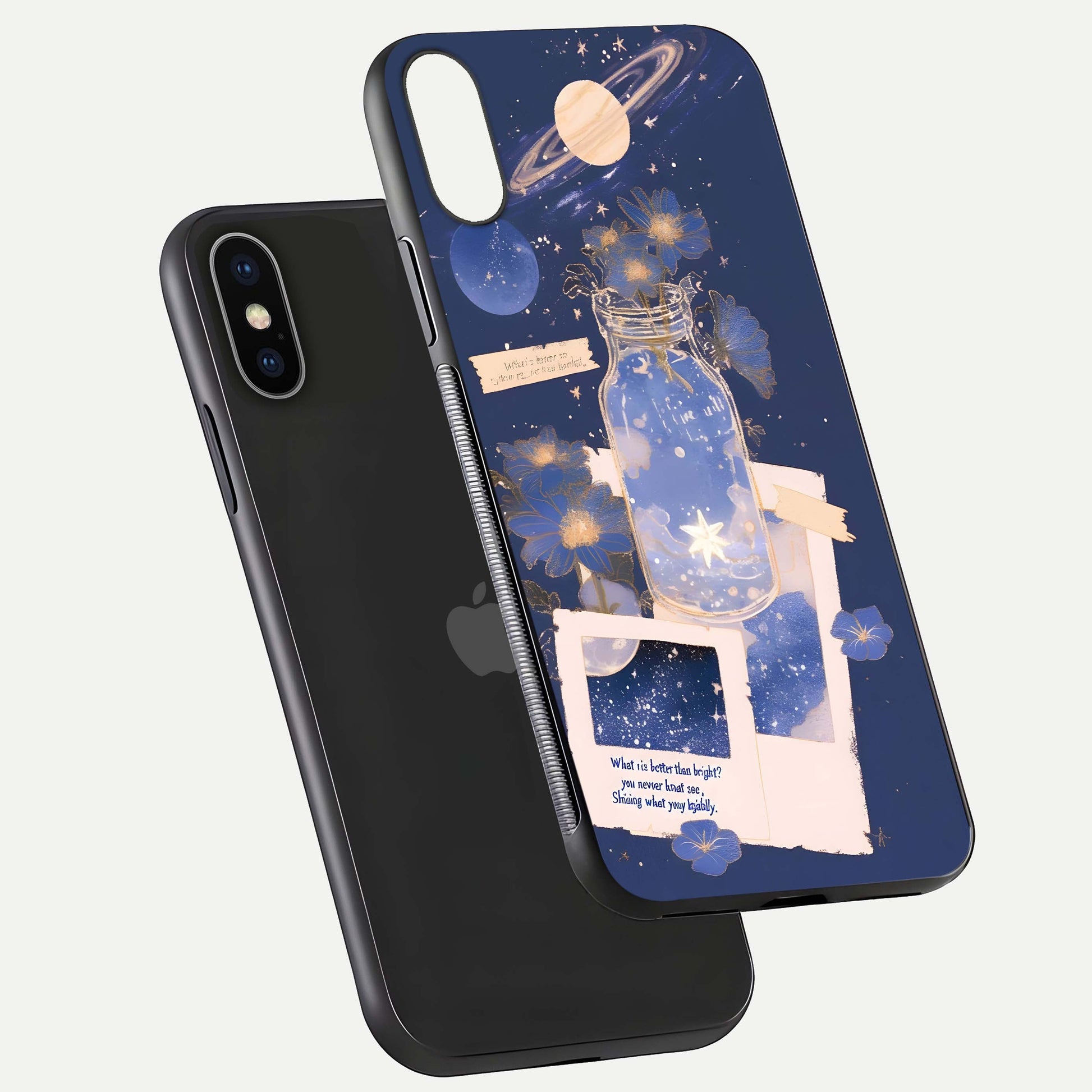 Starlit Cosmic Jar Glass Case for iPhone X floating dual-view mockup displaying gloss and starry depth