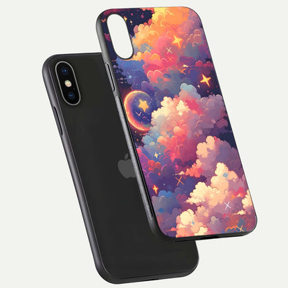 Starlit Dream Clouds Glass Case for iPhone X floating dual-view mockup displaying gloss and soft light detail