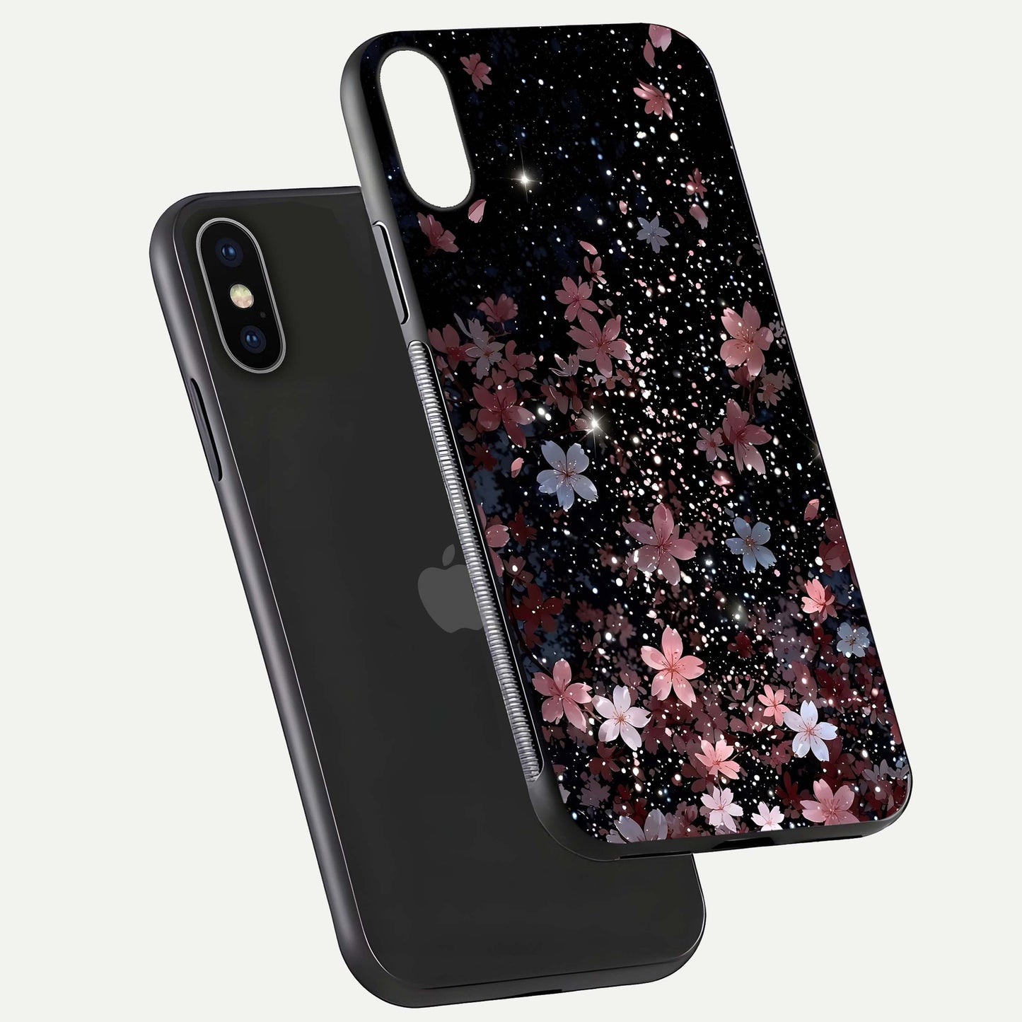 Starlit Flower Dreams Glass Case for iPhone X floating dual-view mockup displaying gloss and print clarity