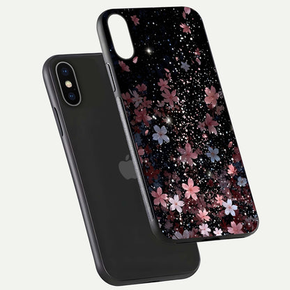 Starlit Flower Dreams Glass Case for iPhone X floating dual-view mockup displaying gloss and print clarity