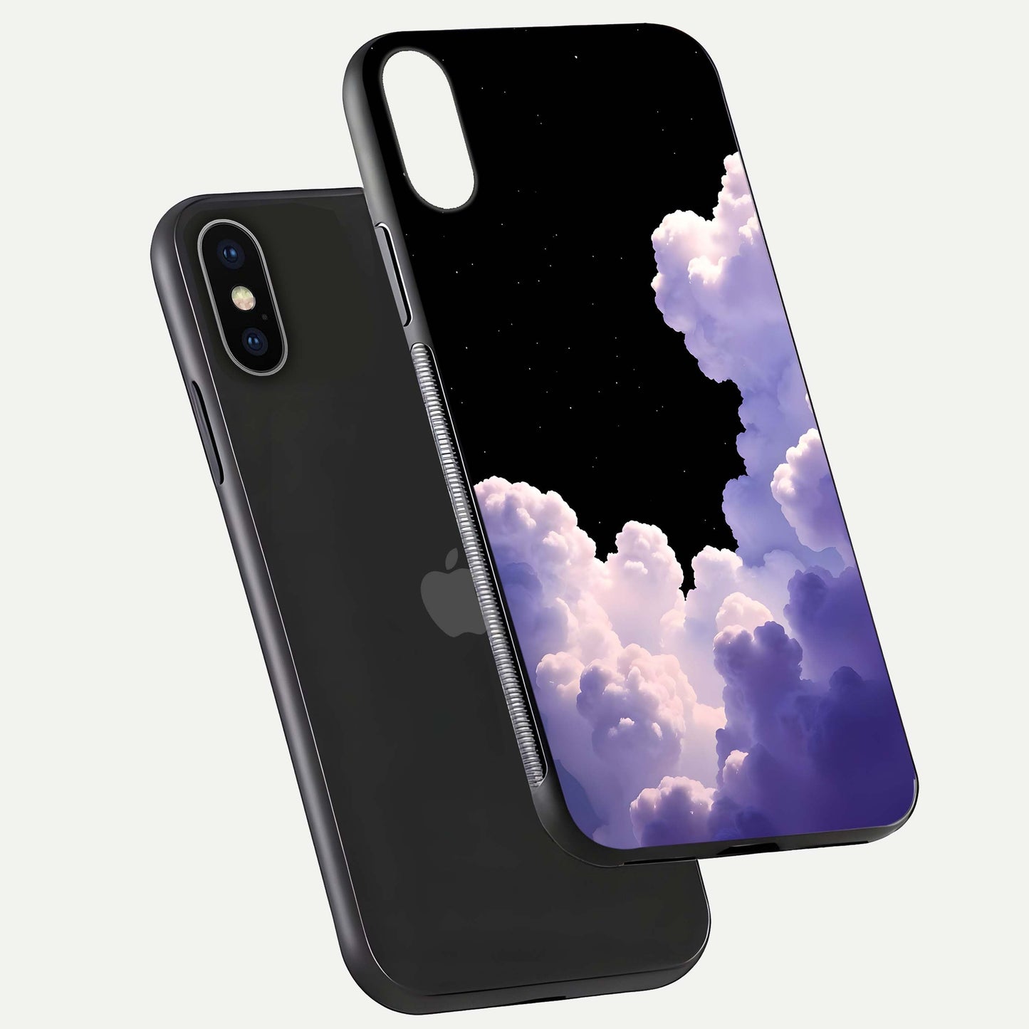 Starlit Night Whispers Glass Case for iPhone X floating dual-view mockup displaying gloss surface and depth