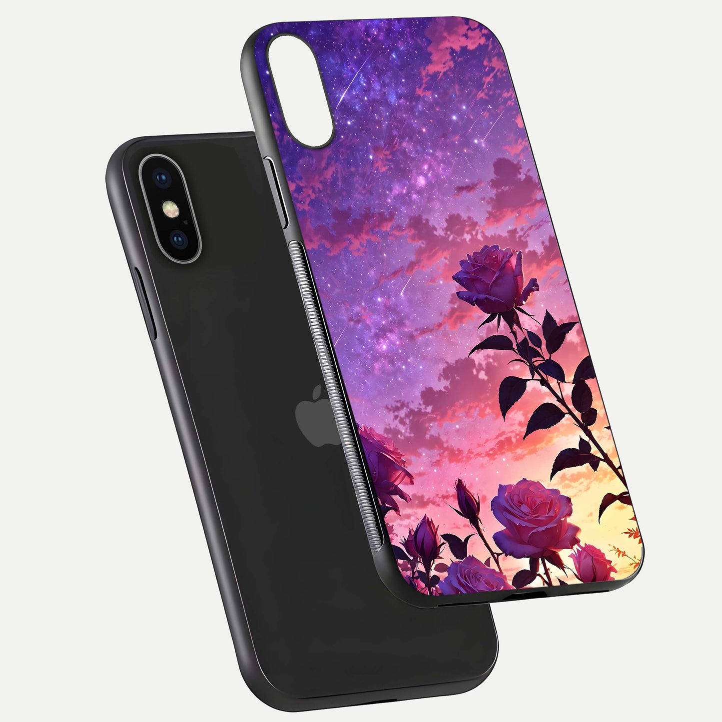 Starlit Rose Twilight Glass Case for iPhone X floating dual-view mockup displaying gloss shine and depth