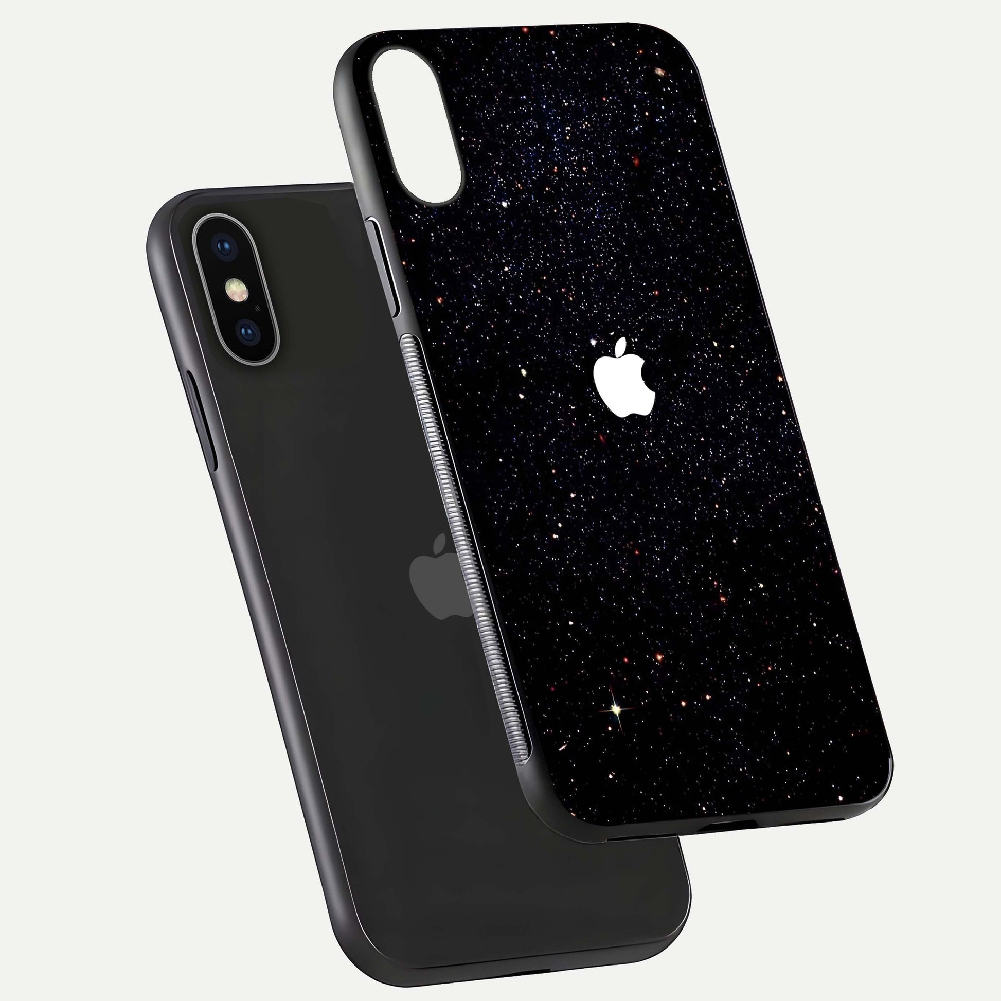 Starry Apple Galaxy Glass Case for iPhone X floating dual-view mockup displaying reflection and shine