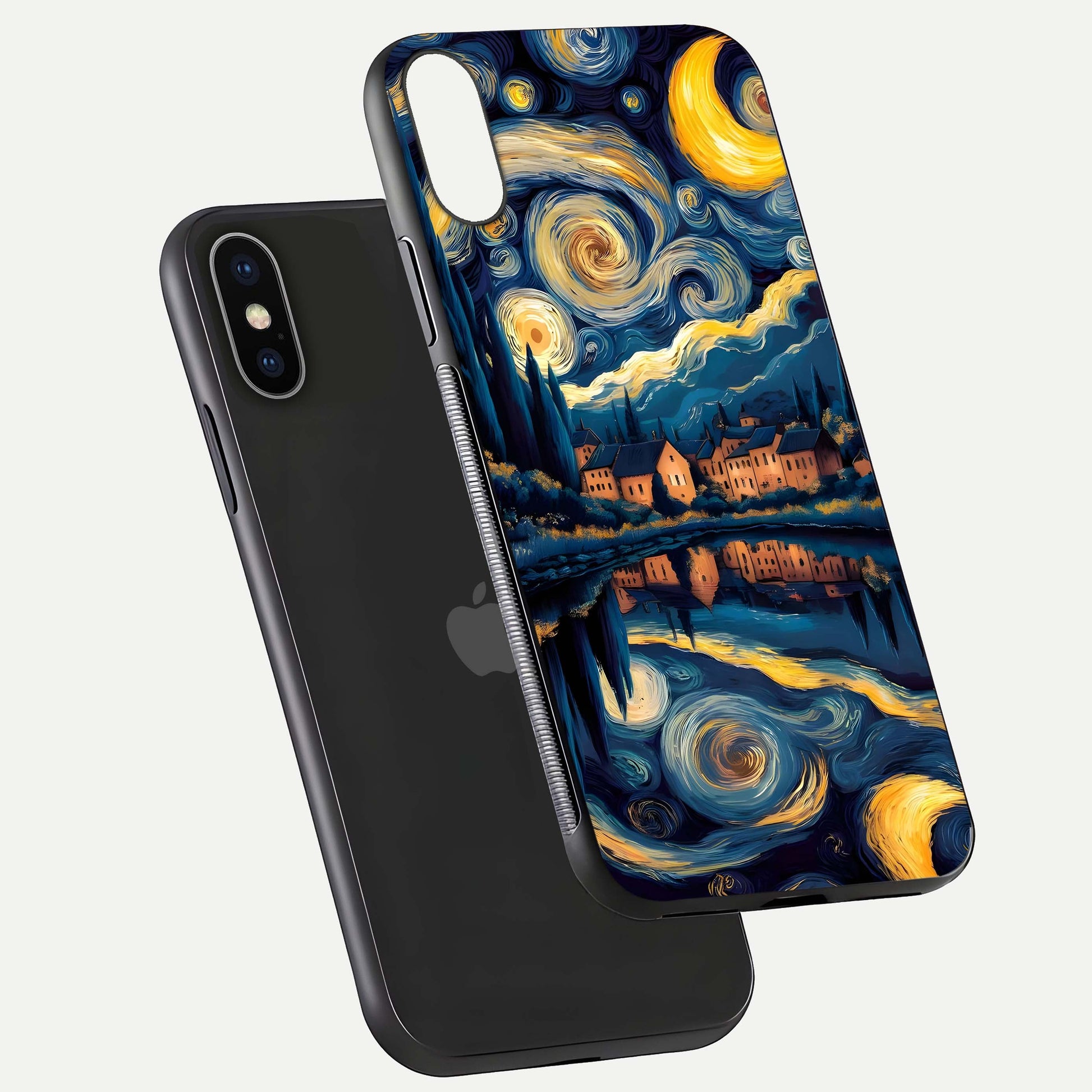 Starry Sky Serenity Glass Case for iPhone X floating dual-view mockup displaying gloss texture and shine