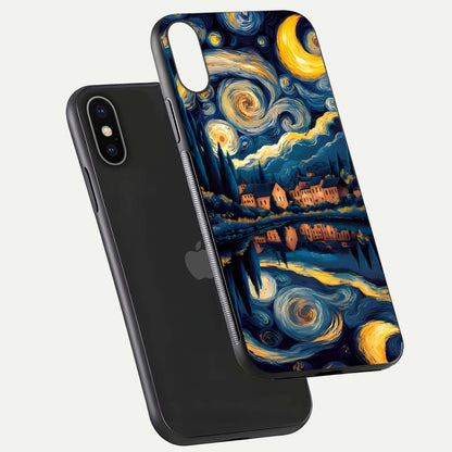 Starry Sky Serenity Glass Case for iPhone X floating dual-view mockup displaying gloss texture and shine