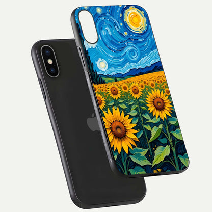 Starry Sunflower Dreams Glass Case for iPhone X floating dual-view mockup displaying gloss and vivid print