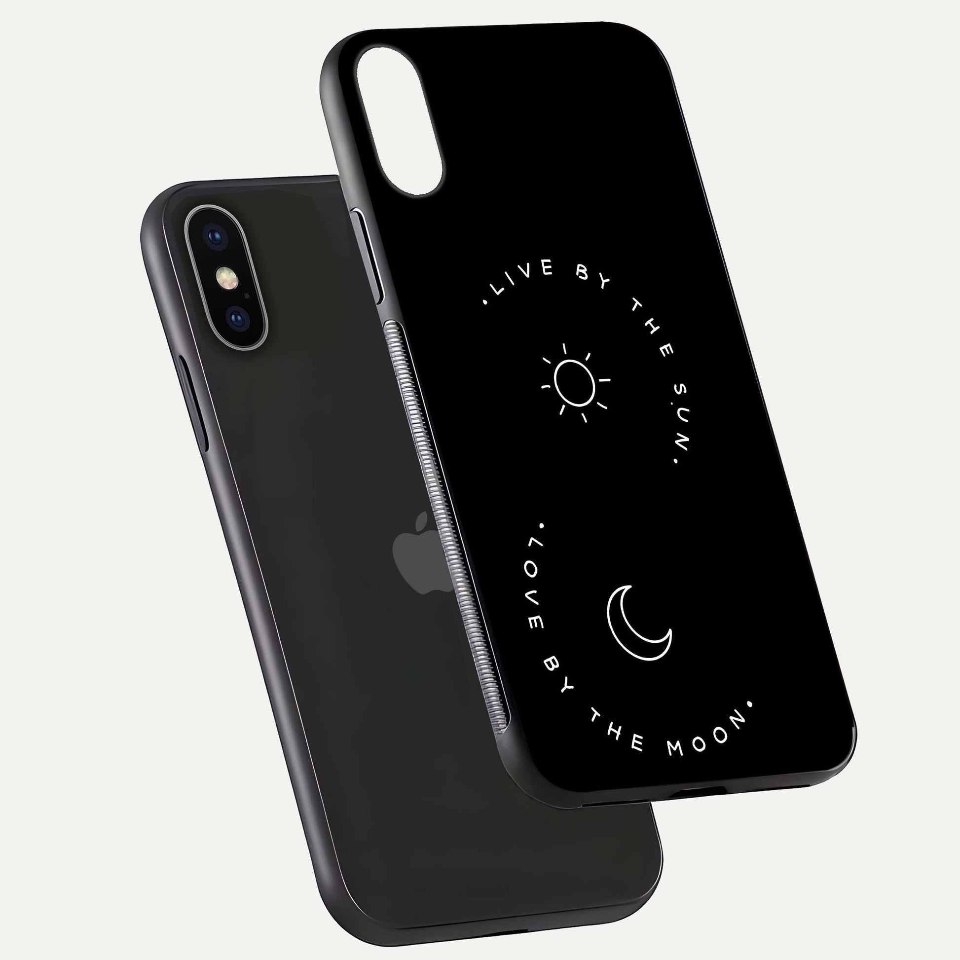 Sun Moon Balance Glass Case for iPhone X floating dual-view mockup displaying gloss surface and edge clarity