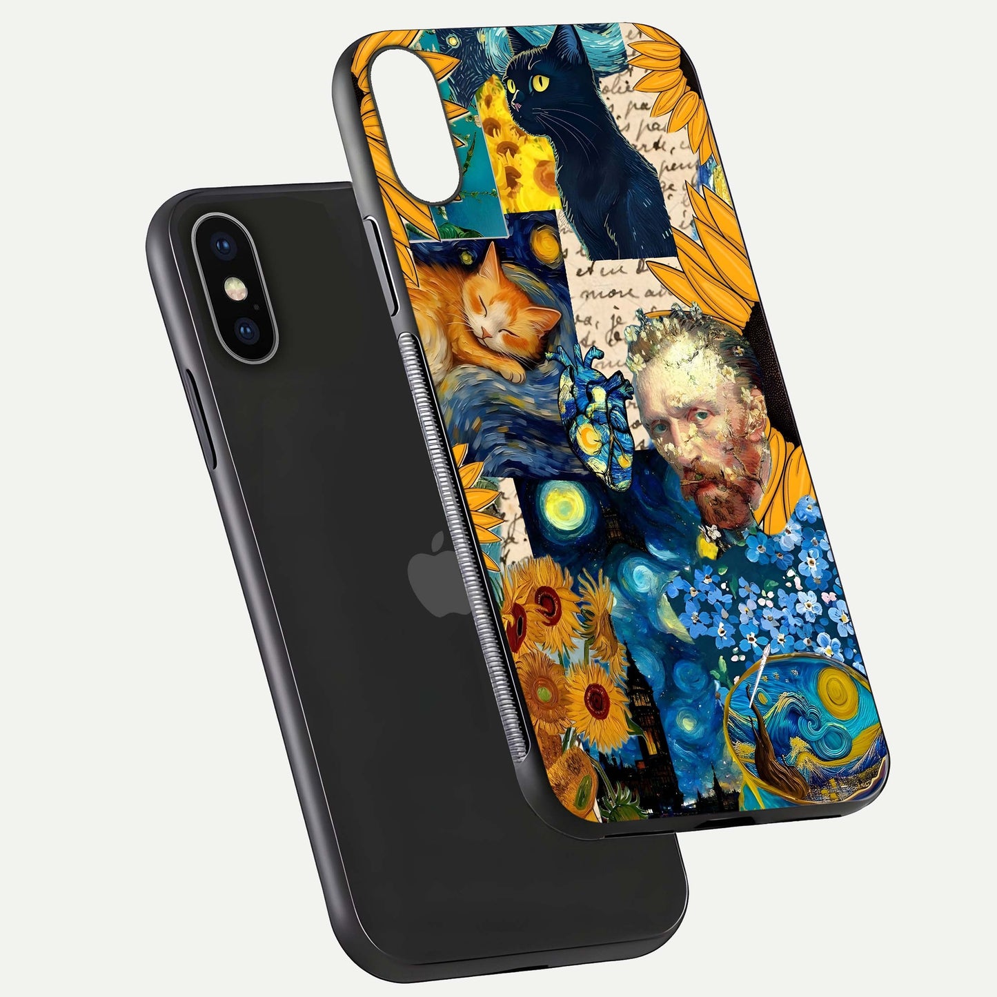 Sunflower Cat Art Glass Case for iPhone X floating dual-view mockup displaying gloss shine and HD art print