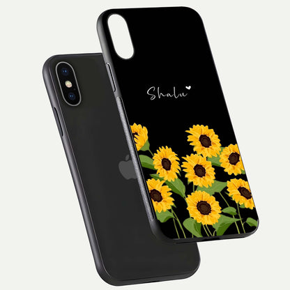 Sunflower Chic Mood Custom Name Glass Case for iPhone 16 Pro floating dual-view mockup displaying gloss texture and detail