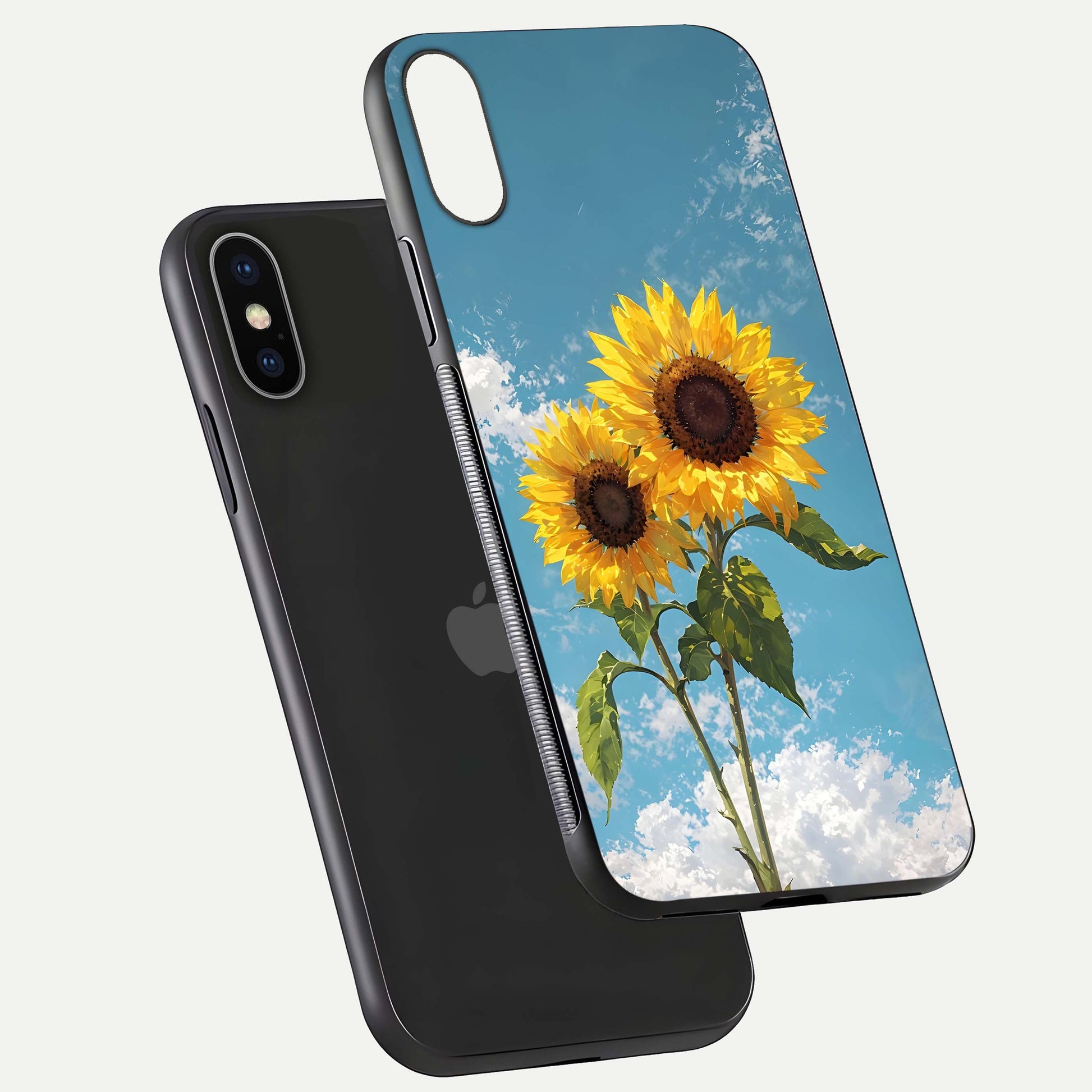 Sunflower Sky Bloom Glass Case for iPhone X floating dual-view mockup displaying gloss shine and vibrant texture