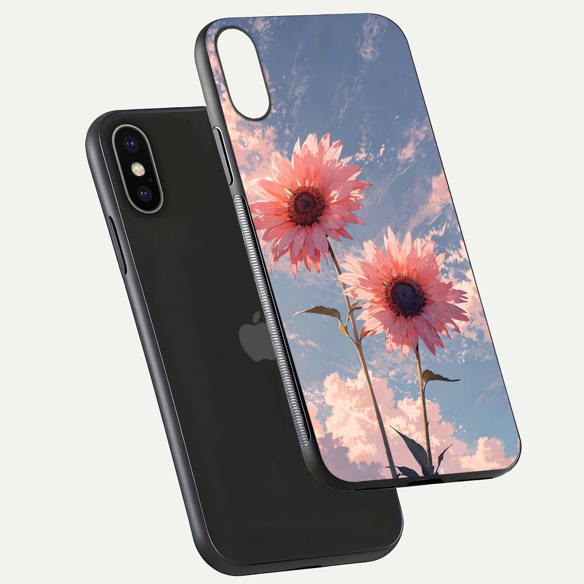 Sunlit Daisy Glow Glass Case for iPhone X floating dual-view mockup displaying gloss finish and HD print