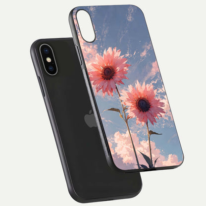 Sunlit Daisy Glow Glass Case for iPhone X floating dual-view mockup displaying gloss finish and HD print