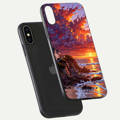 Sunset House by Sea Glass Case for iPhone X floating dual-view mockup displaying gloss shine and depth