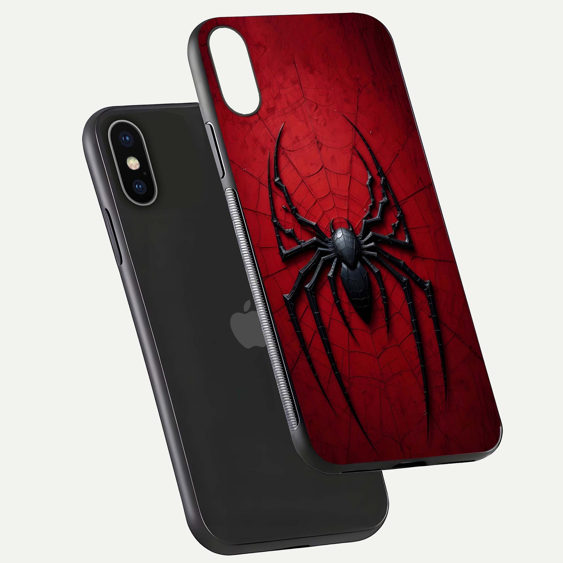 Venom Web Emblem Glass Case for iPhone X floating dual-view mockup displaying gloss shine and HD print