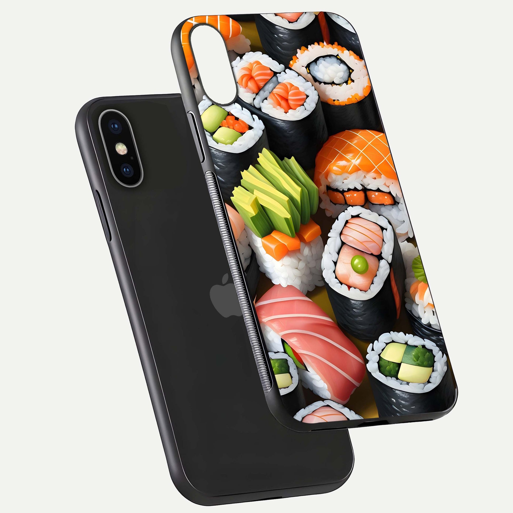 Sushi Food Pattern Glass Case for iPhone X floating dual-view mockup displaying gloss and HD pattern