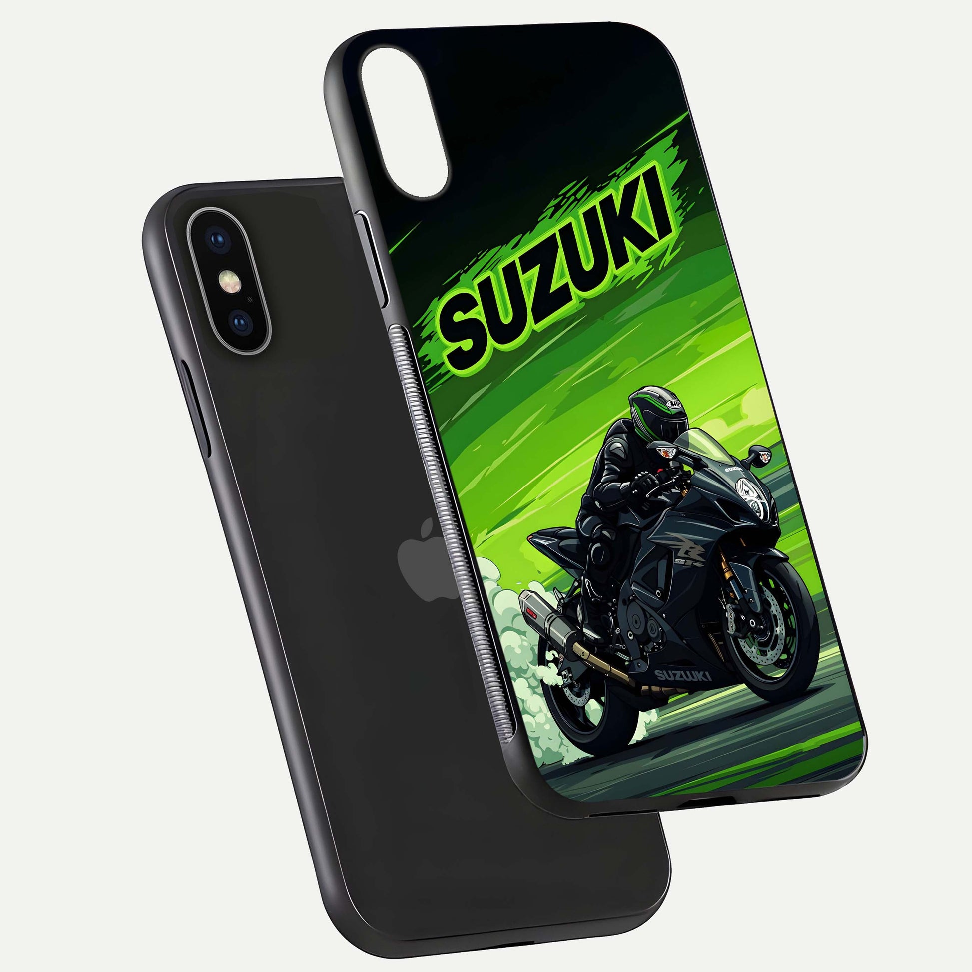 Suzuki Speed Beast Glass Case for iPhone X floating dual-view mockup displaying gloss texture and shine