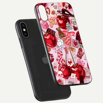 Sweet Cherry Chaos Glass Case for iPhone X floating dual-view mockup displaying gloss surface and depth