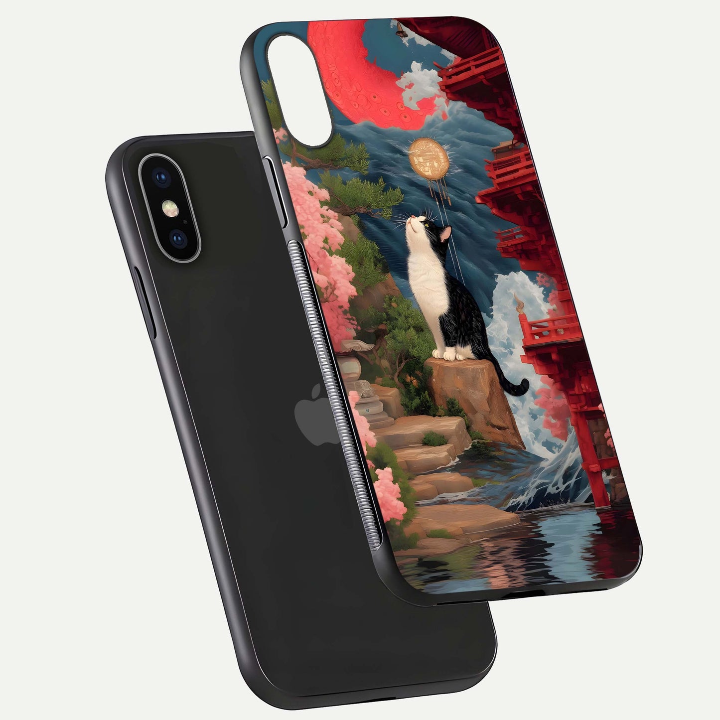 Temple Cat Scenery Glass Case for iPhone X floating dual-view mockup displaying gloss and depth detail