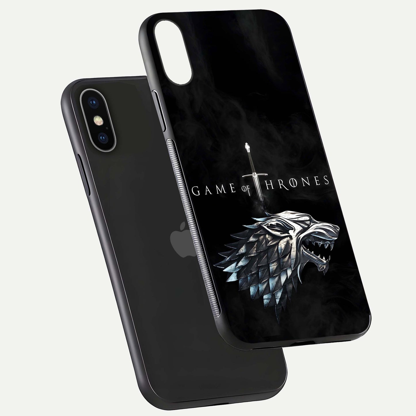 Throne Wolf Legacy Glass Case for iPhone X floating dual-view mockup displaying gloss depth and wolf artwork